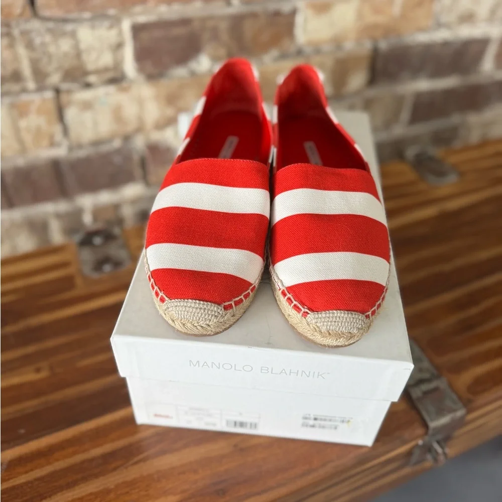 Manolo Blahnik Red and White Striped Espadrilles 38 (US 8)